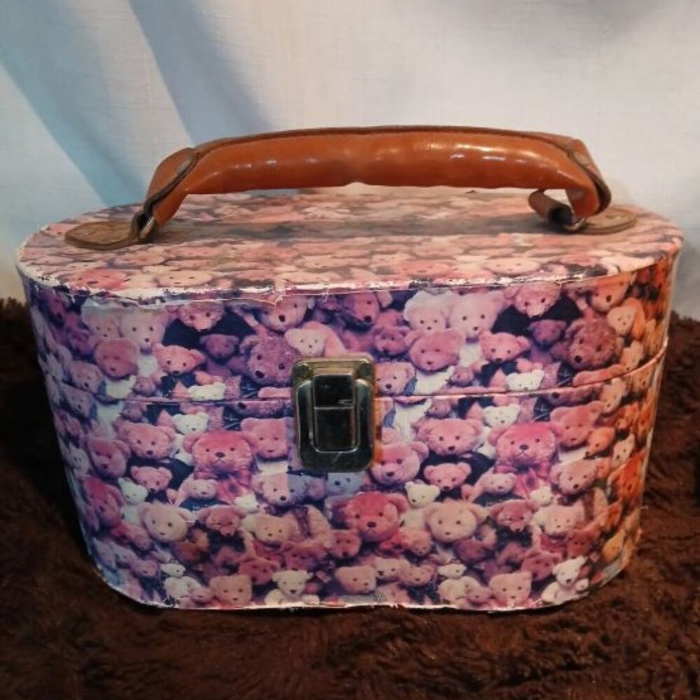 Teddy Bears Decoupaged  Design Jewelry Makeup Train Case w Mirror Shabby Cottage
